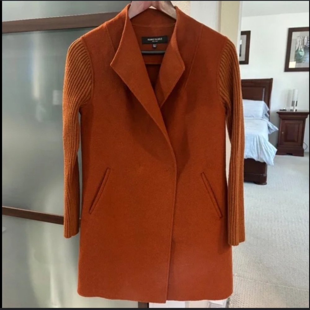 Kenneth Cole-orange coat/jacket with knit sleeves